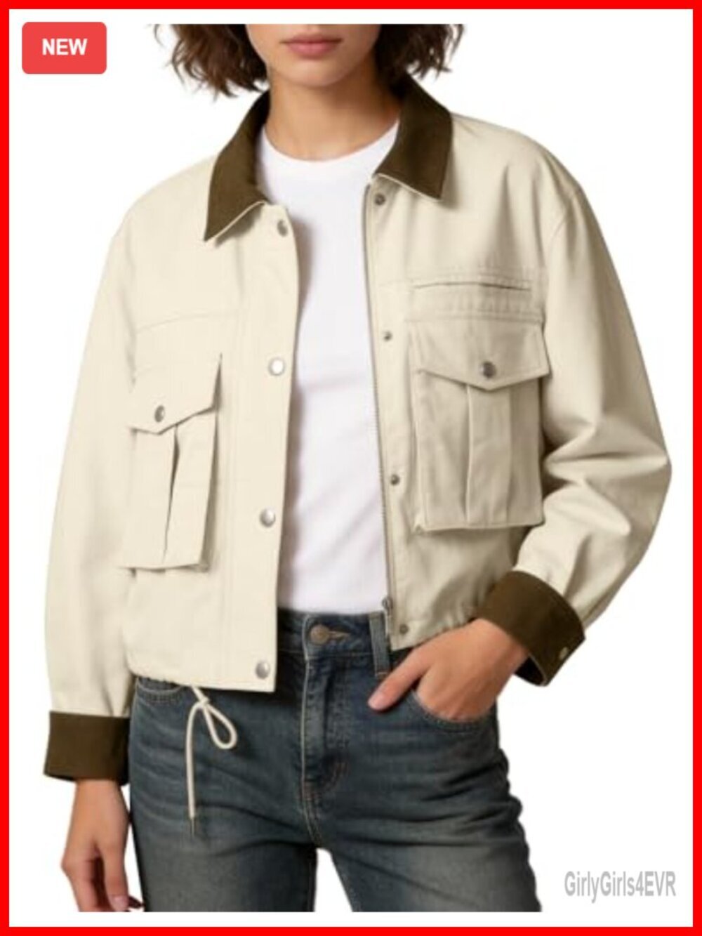 Cropped Cotton Cargo Barn Coat with Contrast Collar - Casual Utility Jacket